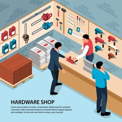 People buying building tools at hardware shop 3d isometric vector illustration