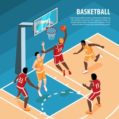 Men in sports uniform playing basketball 3d isometric vector illustration