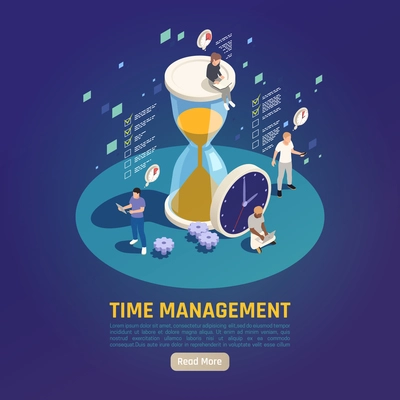 Personal growth time management skills development circular isometric composition with clock hourglass and collaboration symbols vector illustration