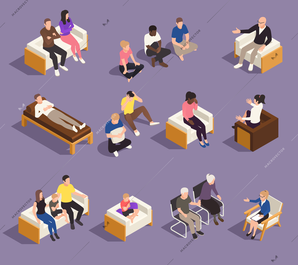 Psychology psychotherapy individual marriage and family therapy sessions isometric set with counselors helping clients vector illustration