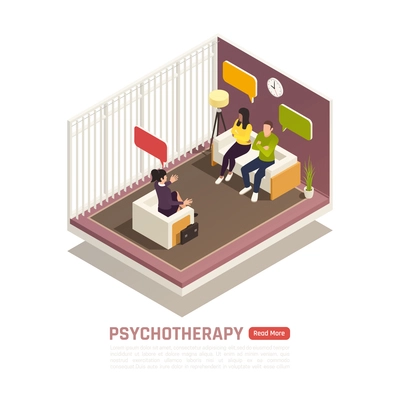 Psychotherapy session isometric composition with licensed marriage and family therapist helps young couple improve relationship vector illustration