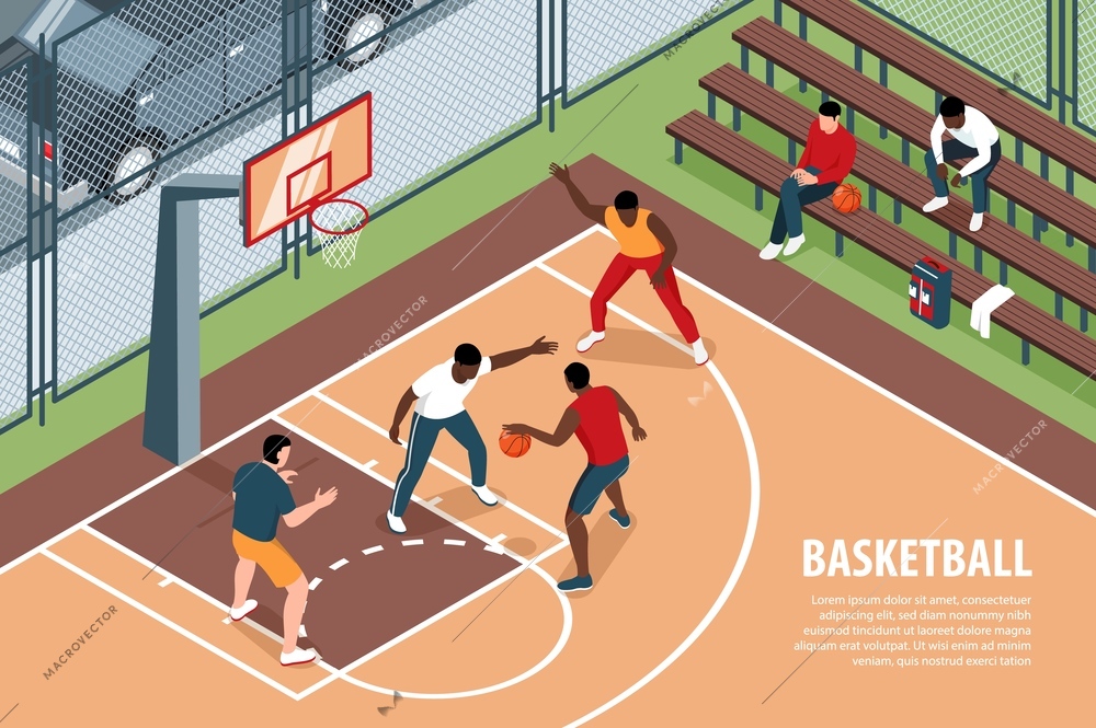 Isometric basketball horizontal background with editable text and view of playground with playing athletes and viewers vector illustration