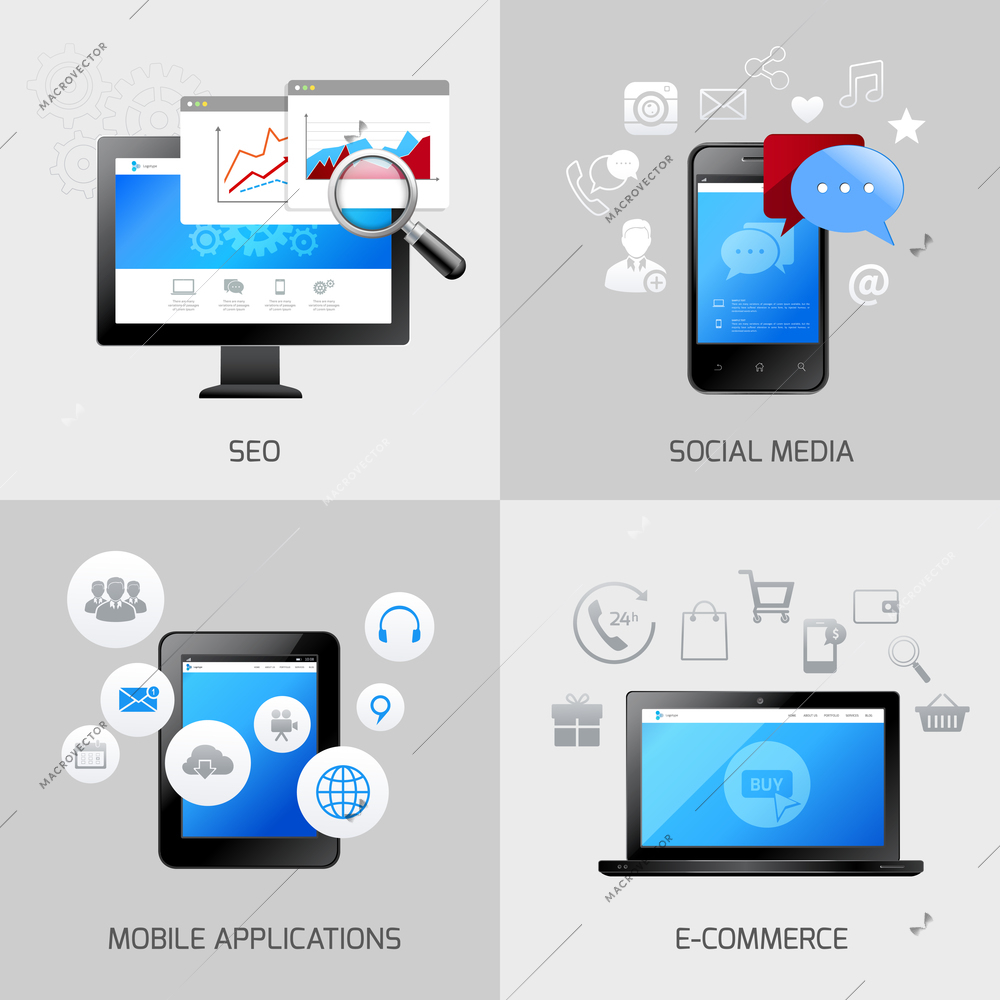 SEO web mobile concepts social media application e-commerce icons set isolated vector illustration