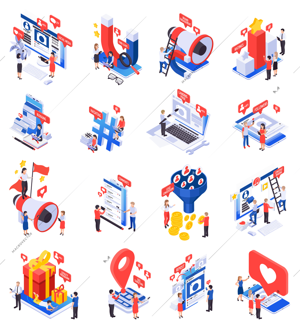 Effective modern marketing via social media groups isometric set with attracting followers promoting products symbols vector illustration