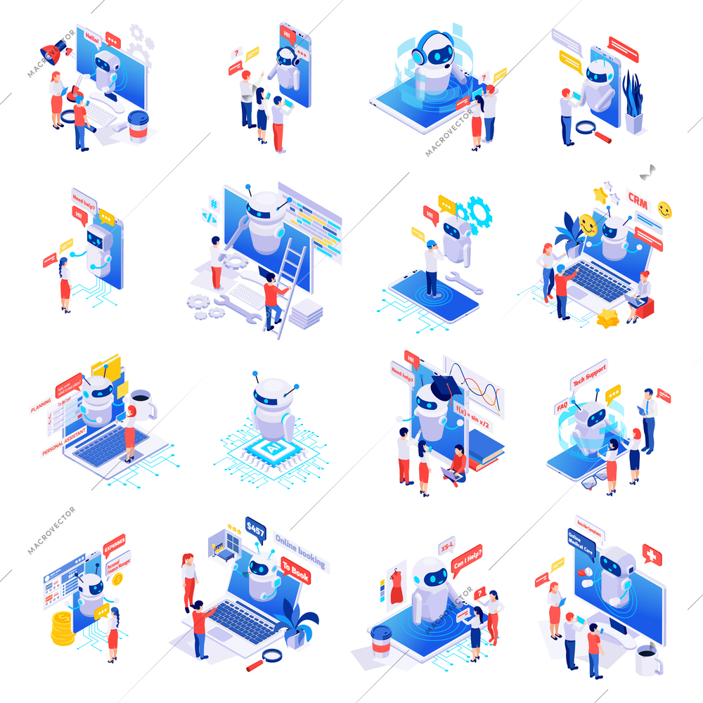 Chatbot messenger applications isometric set with personal task time planner finance manager customer assistant isolated vector illustration