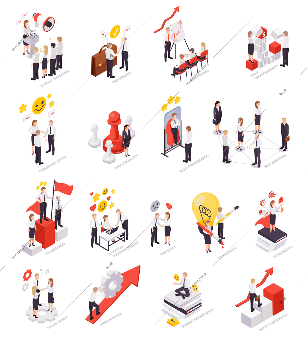 Soft skills concept isometric icons set with teamwork communication skills work under pressure creativity leadership vector illustration