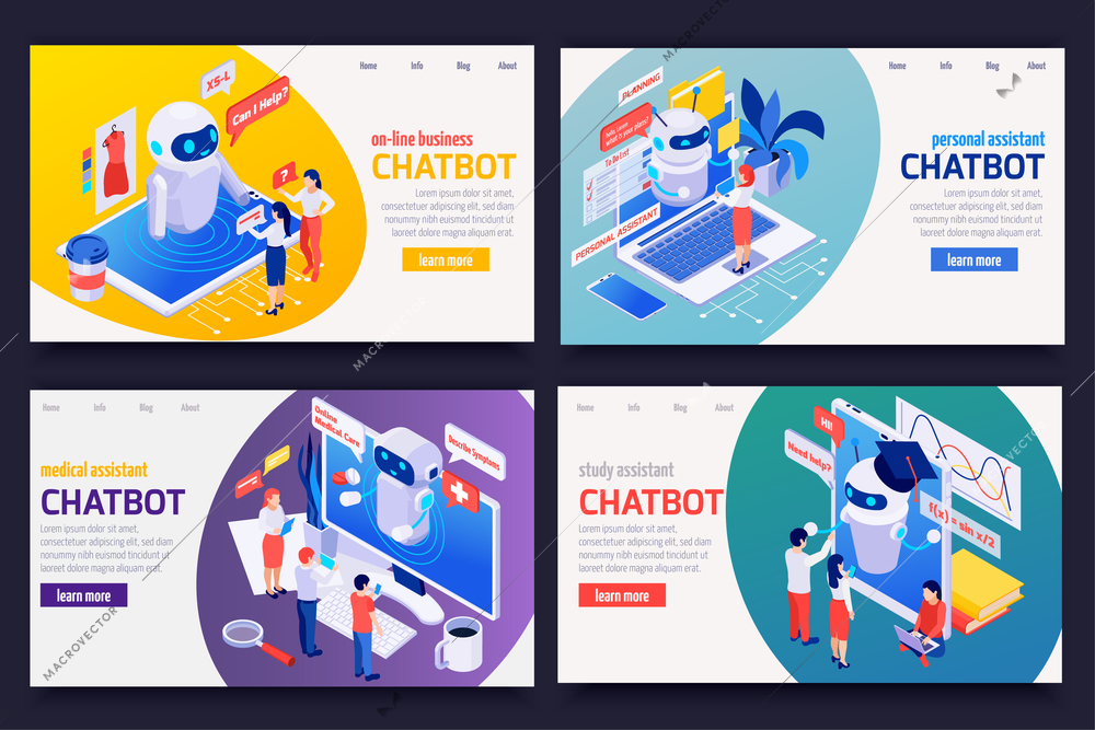 Chatbot messenger concept 4 isometric web banners set with personal medical financial business study assistants vector illustration