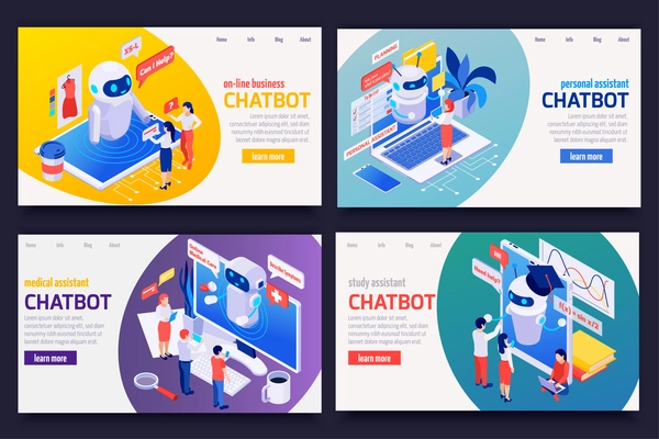 Chatbot messenger concept 4 isometric web banners set with personal medical financial business study assistants vector illustration