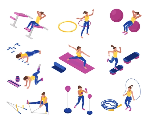 Woman training at gym with jumping rope fitness ball stretcher hoop yoga mat boxing pear isometric set isolated on white background 3d vector illustration