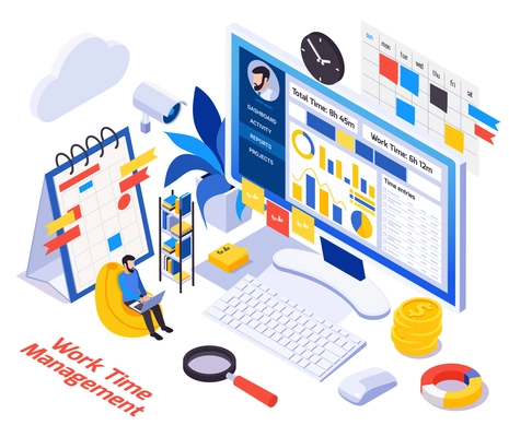 Remote work time management isometric composition with computer camera monitoring employees out of office progress vector illustration