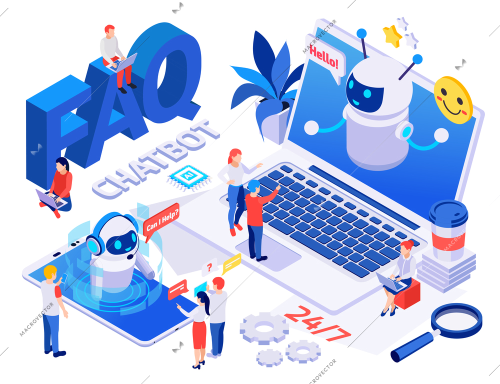 Smartphone laptop chatbot messenger  service answering frequently asked questions 24 hours a day isometric composition vector illustration