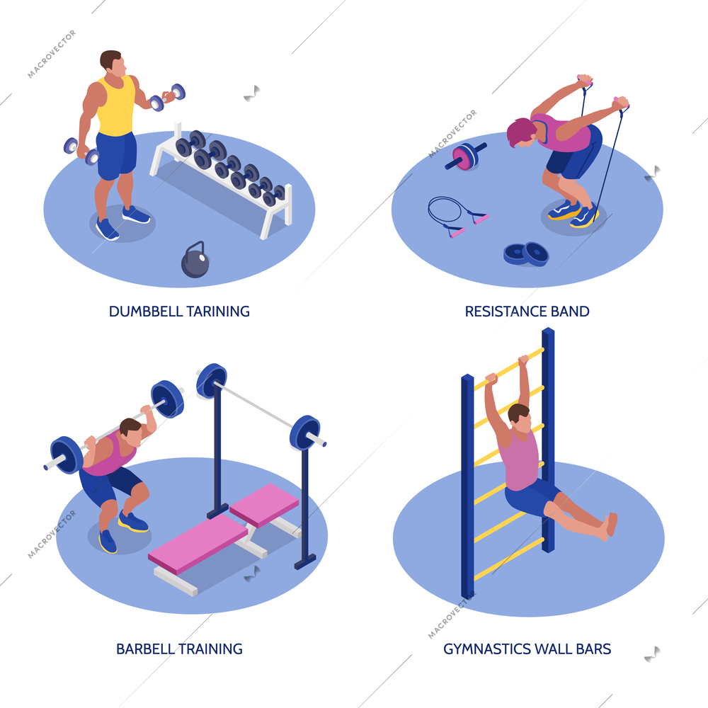 Fitness isometric set with man training with dumbbells barbells resistance band and wall bars 3d isolated vector illustration