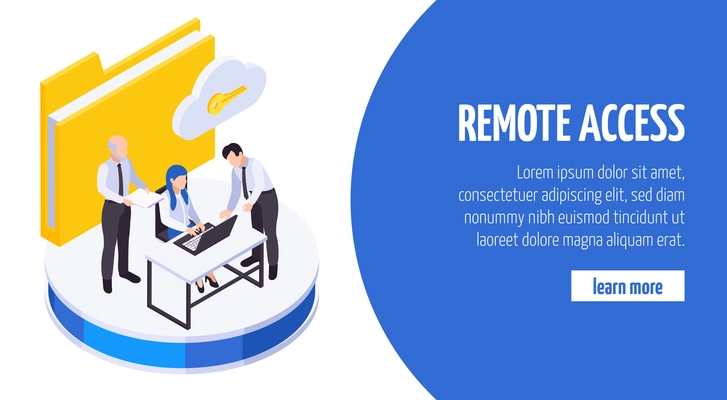 Remote work employees communication secure data sharing access isometric website with cloud folder key symbols vector illustration