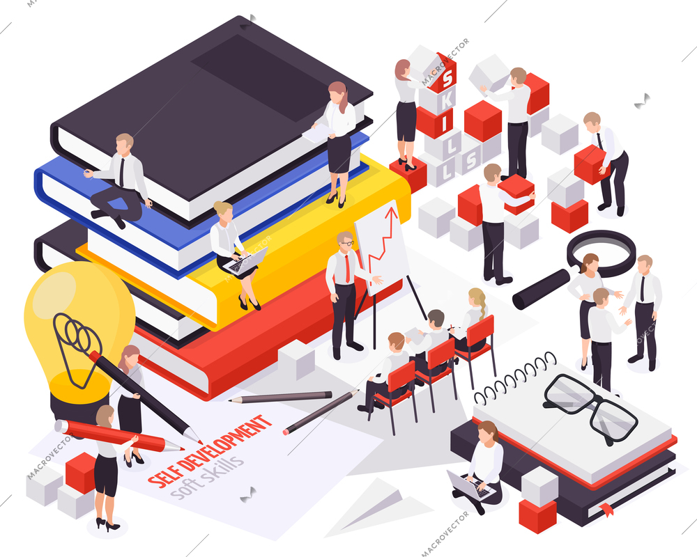 Soft skills concept isometric composition with self development public presentation teamwork creativity flexibility decision making vector illustration