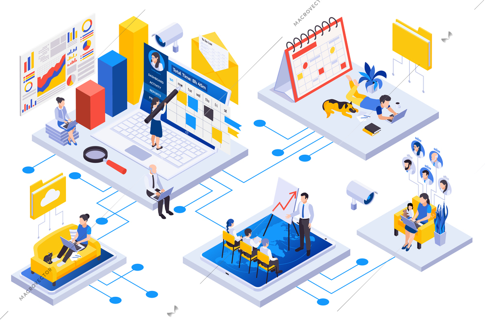 Remote workforce management concept isometric flowchart with online teleconference task planning working from home employees vector illustration