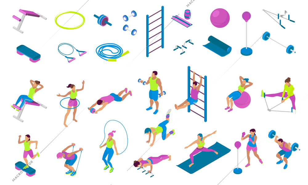 Isometric icons set with different fitness equipment and people using it during workout 3d isolated vector illustration