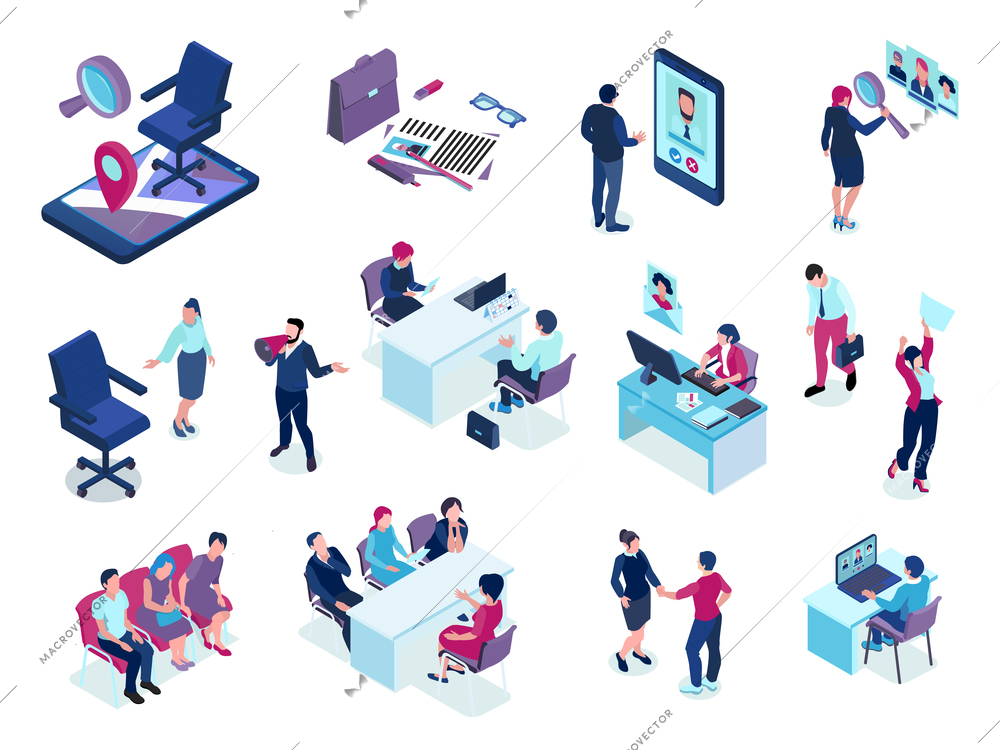 Recruitment agency isometric set with online job vacancies screening applicants choosing candidates interview selection events vector illustration