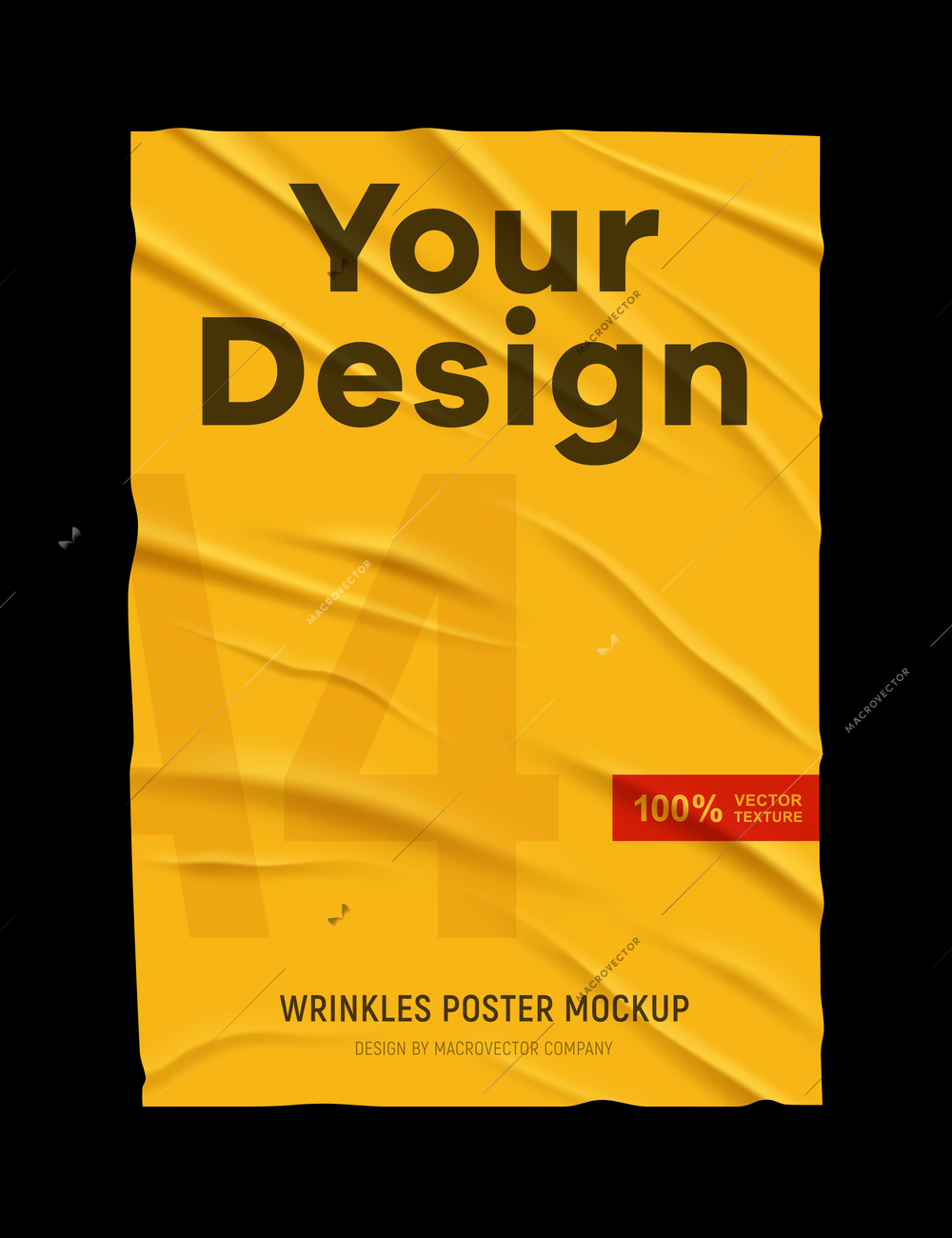 Wrinkled badly glued crumpled yellow paper poster mock up texture black background your design realistic vector illustration