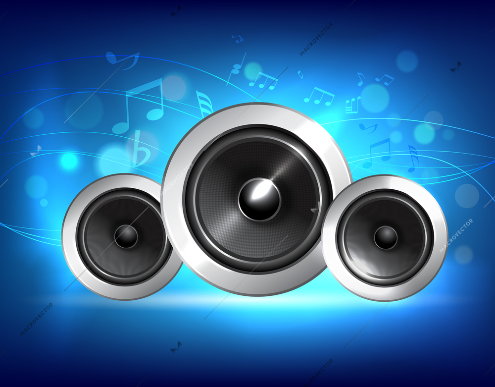 Audio speakers subwoofer system on blue music background concept vector illustration.