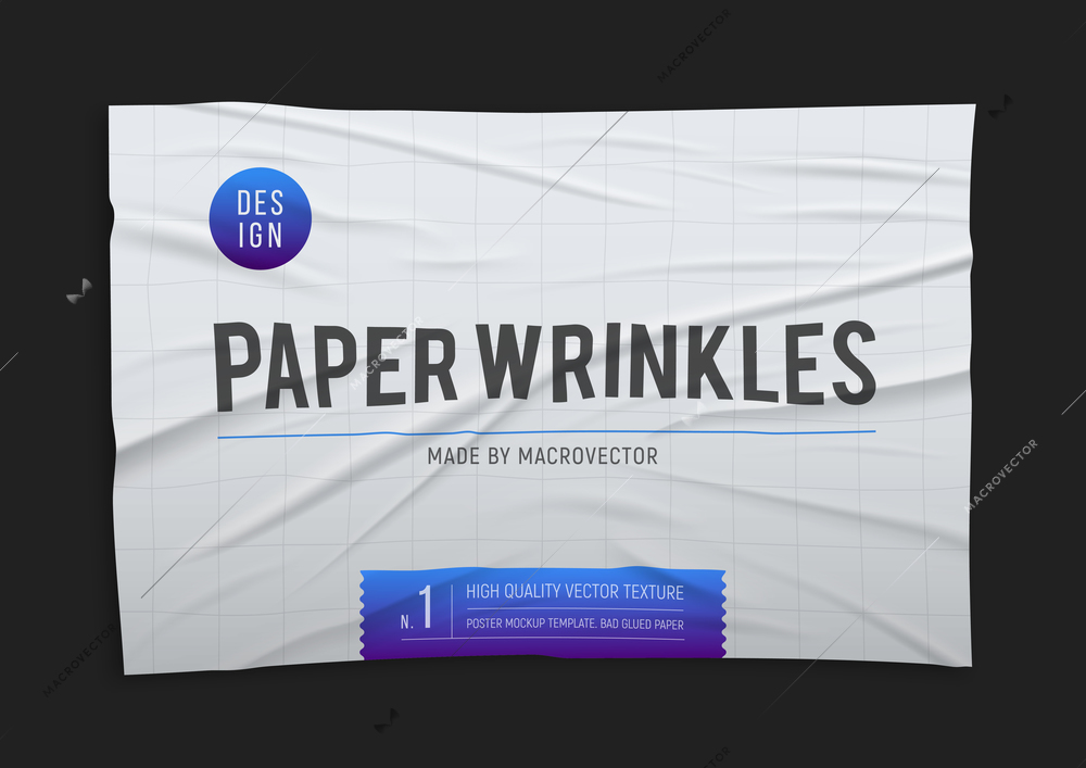 Wrinkled badly glued crumpled white paper poster black background postage parcel realistic texture design vector illustration