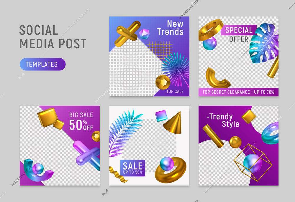 Social medial post checked paper shiny golden geometric objects templates realistic set web page design vector illustration