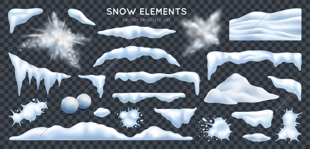 Snow capes piles icicles snowdrift mound bursting exploding snowballs splats realistic set dark transparent background vector illustration