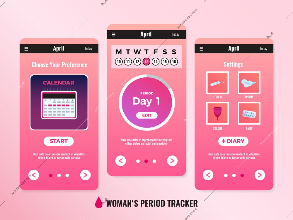 Pms woman mobile app calendar design concept with three windows or screenshots vector illustration