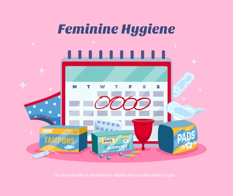 Flat woman menstrual calendar composition on pink background with feminine hygiene headline vector illustration