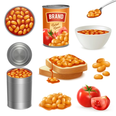 Beans baked in tomato sauce in opened can bowl on bread slices isometric realistic set vector illustration