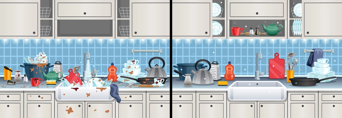 Dirty kitchen after cooking composition with washing symbols flat vector illustration