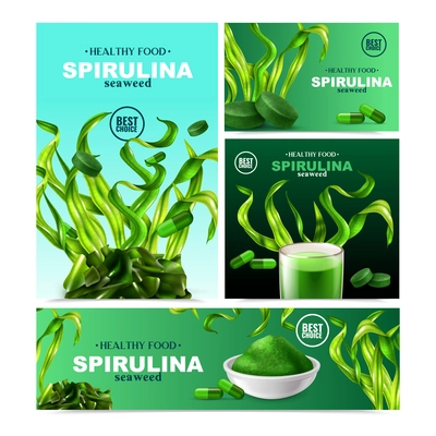 Realistic spirulina set of four banners with colourful images of water plants ready products and text vector illustration