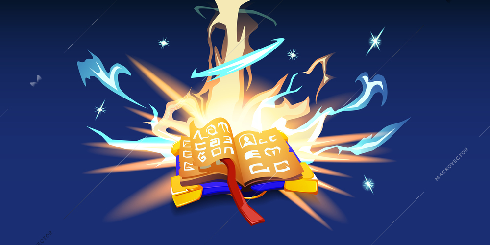 Old magic book cartoon concept with spell and withcraft symbols vector illustration