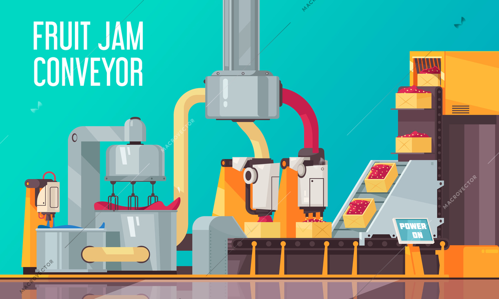 Automated robotic fruits conveyor composition with text and view of industrial facility line producing confectionery products vector illustration