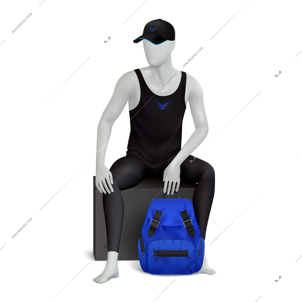 Mannequin realistic composition with human figure of adult male model wearing black clothes with blue backpack vector illustration