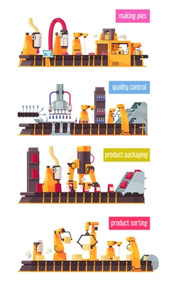 Automated robotic packing conveyor compositions set with text and remote arm manipulators with moving line manufactory vector illustration