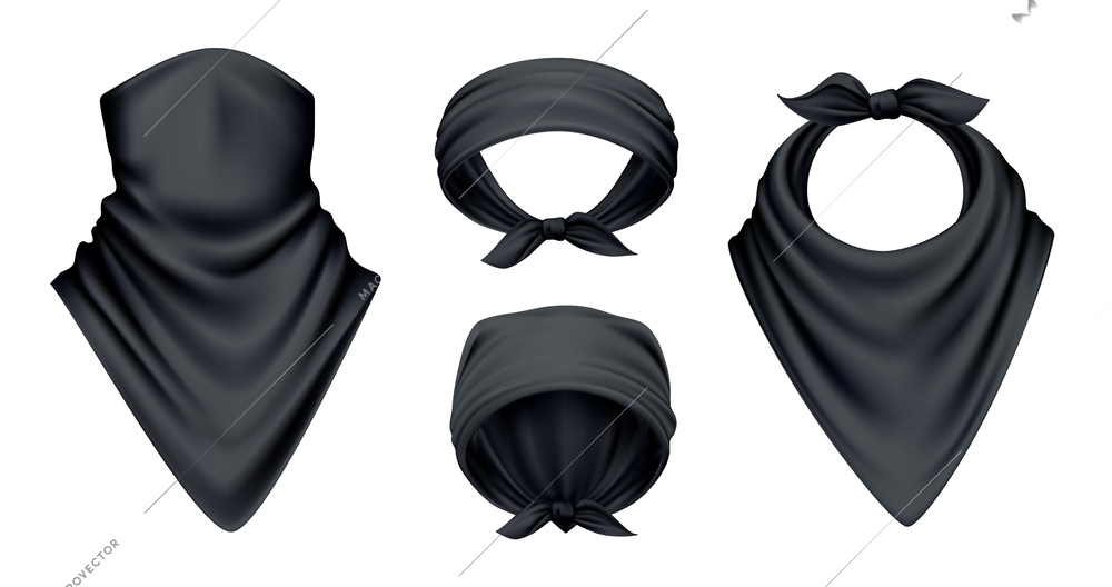 Bandana scarf buff handkerchief reailstic black set with isolated images on blank background with different models vector illustration