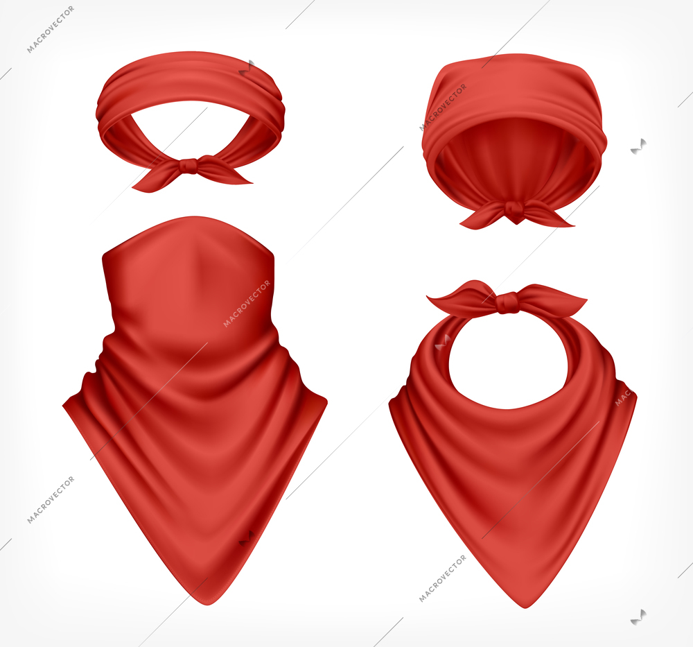 Bandana scarf buff handkerchief reailstic set with images of red headwear textile products on blank background vector illustration