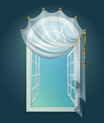 Open window billowing curtains composition with view of clear sky and curtain lace with golden ribbon vector illustration