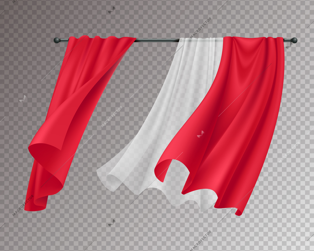 Billowing curtains realistic composition with solid red and white lace hanging curtains isolated on transparent background vector illustration