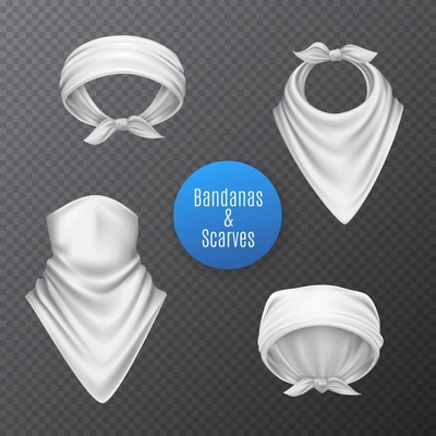 Bandana scarf buff handkerchief set of isolated realistic white head coverings on transparent background with text vector illustration