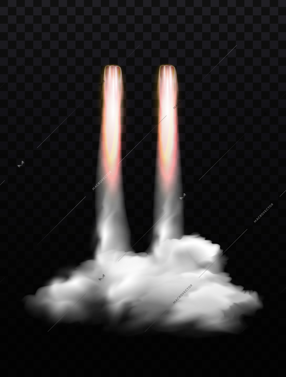 Space rocket flame smoke composition with clouds of fume and blasts of fire on transparent background vector illustration