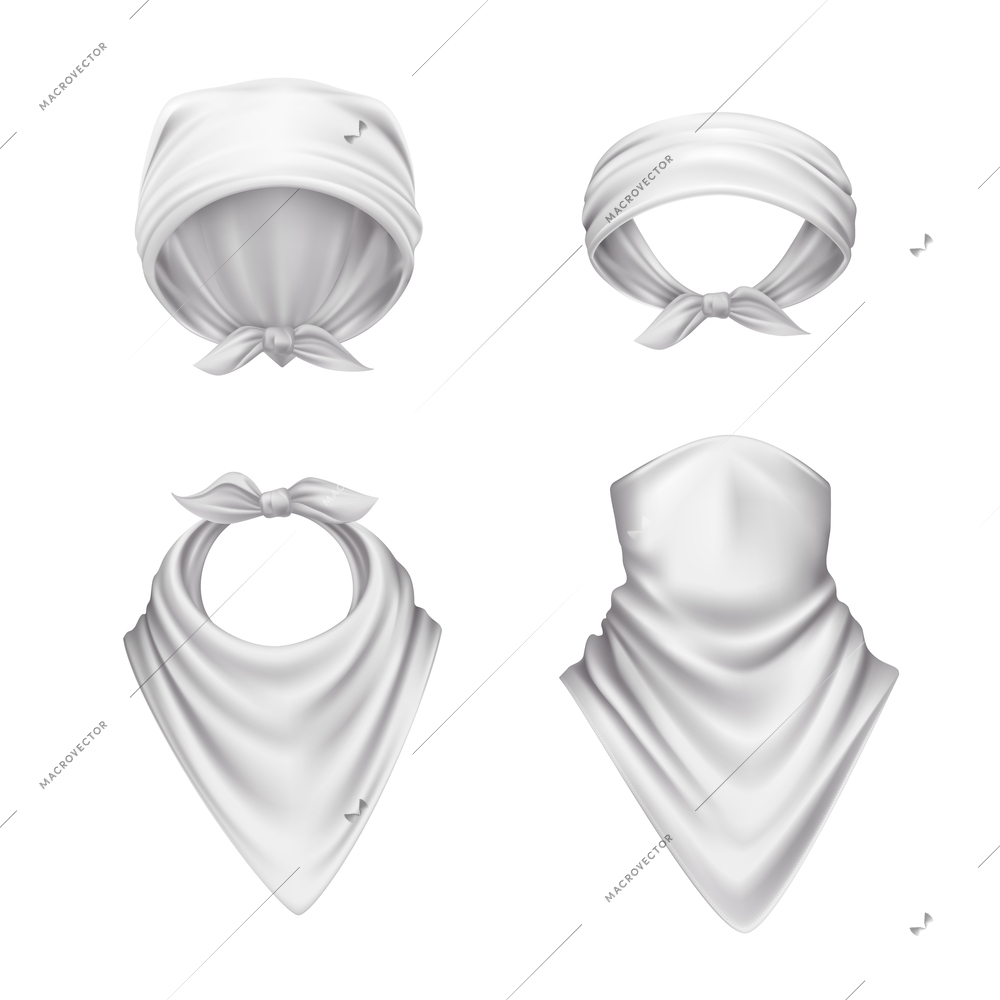 Bandana scarf buff handkerchief reailstic set of isolated white head coverings with folds on blank background vector illustration