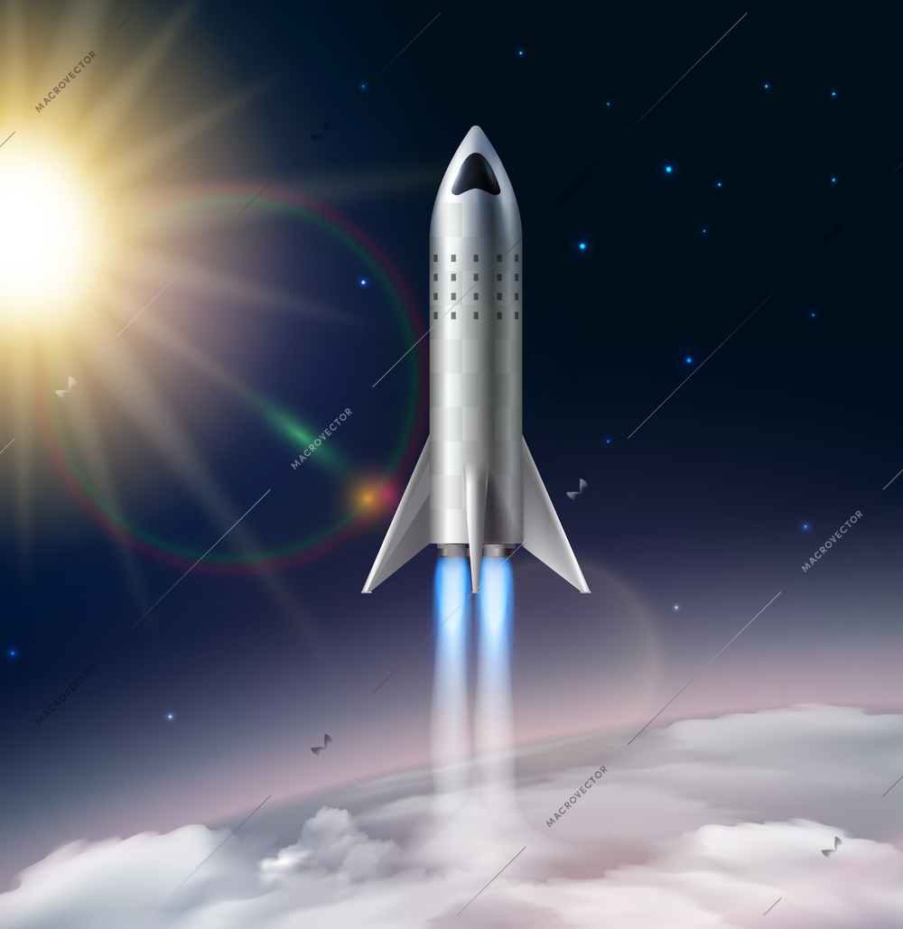 Rocket launch composition realistic with view of stratosphere with sun stars and futuristic flying rocket image vector illustration