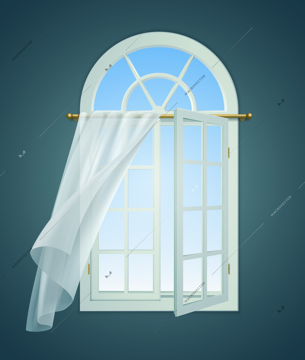 Open window billowing curtains composition with indoor view of window with opened leaf and curtain lace vector illustration