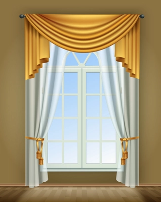 Window curtains realistic composition with indoor view of room window and luxury golden curtains with lace vector illustration