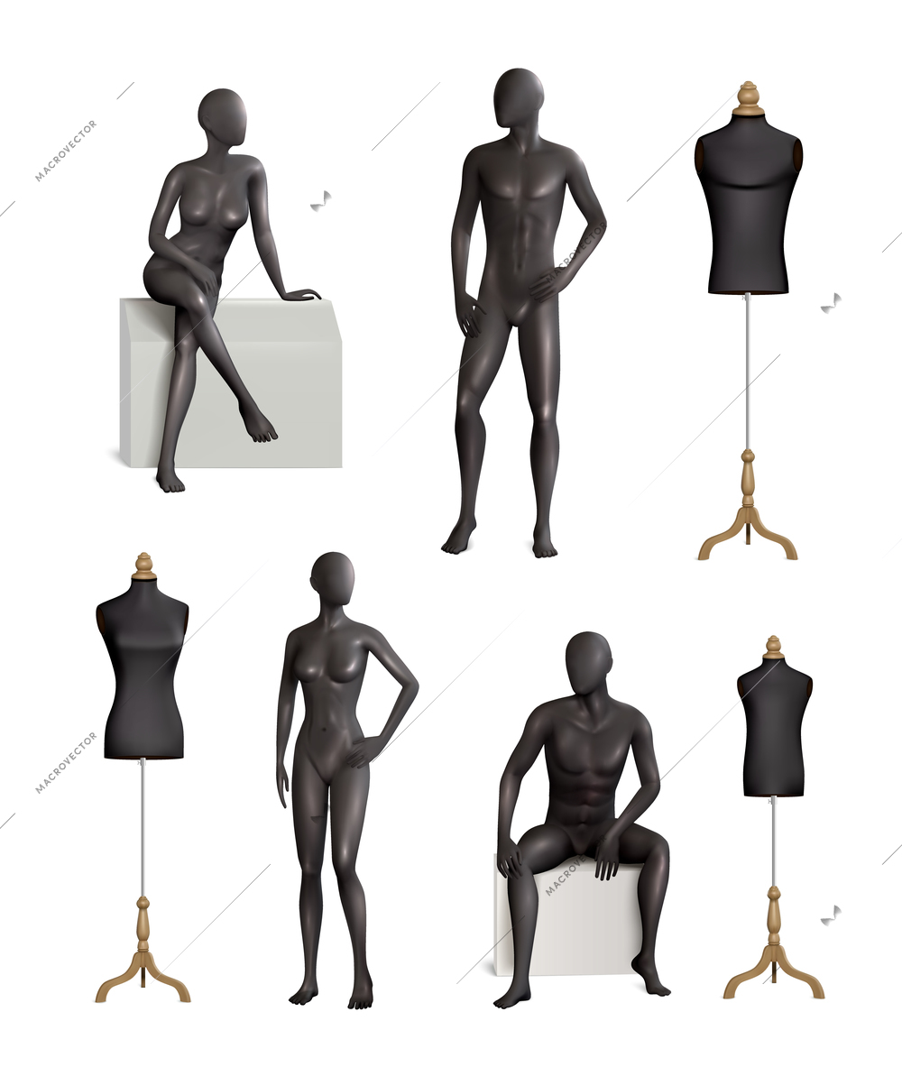 Mannequins realistic colored set of isolated black mannequin images with male and female models and hangers vector illustration