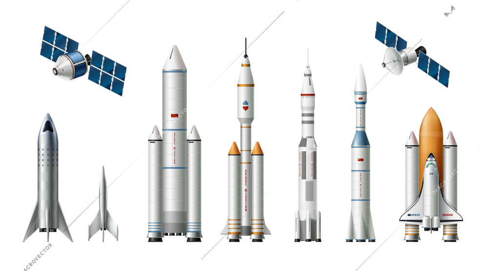 Rocket spacecraft realistic set with images of launch vehicles satellites and manual crafts on blank background vector illustration