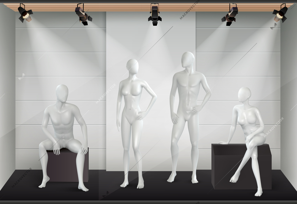 Mannequins realistic composition with view of shop display with light equipment and glazed human body models vector illustration