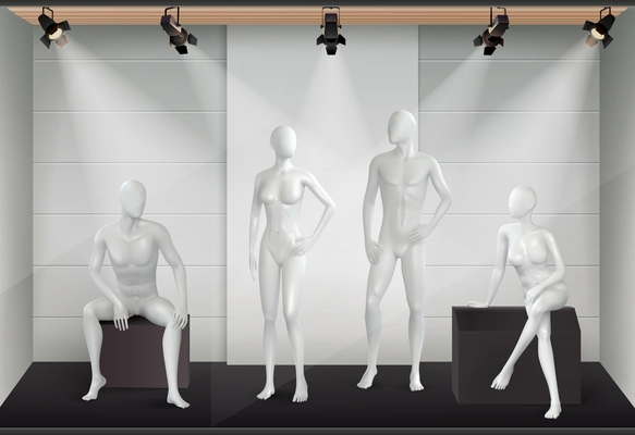 Mannequins realistic composition with view of shop display with light equipment and glazed human body models vector illustration