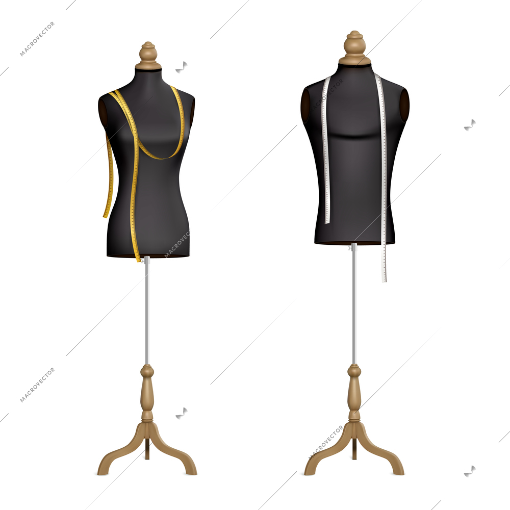 Set of two isolated mannequins realistic images with female body forms dress stands with measuring tapes vector illustration